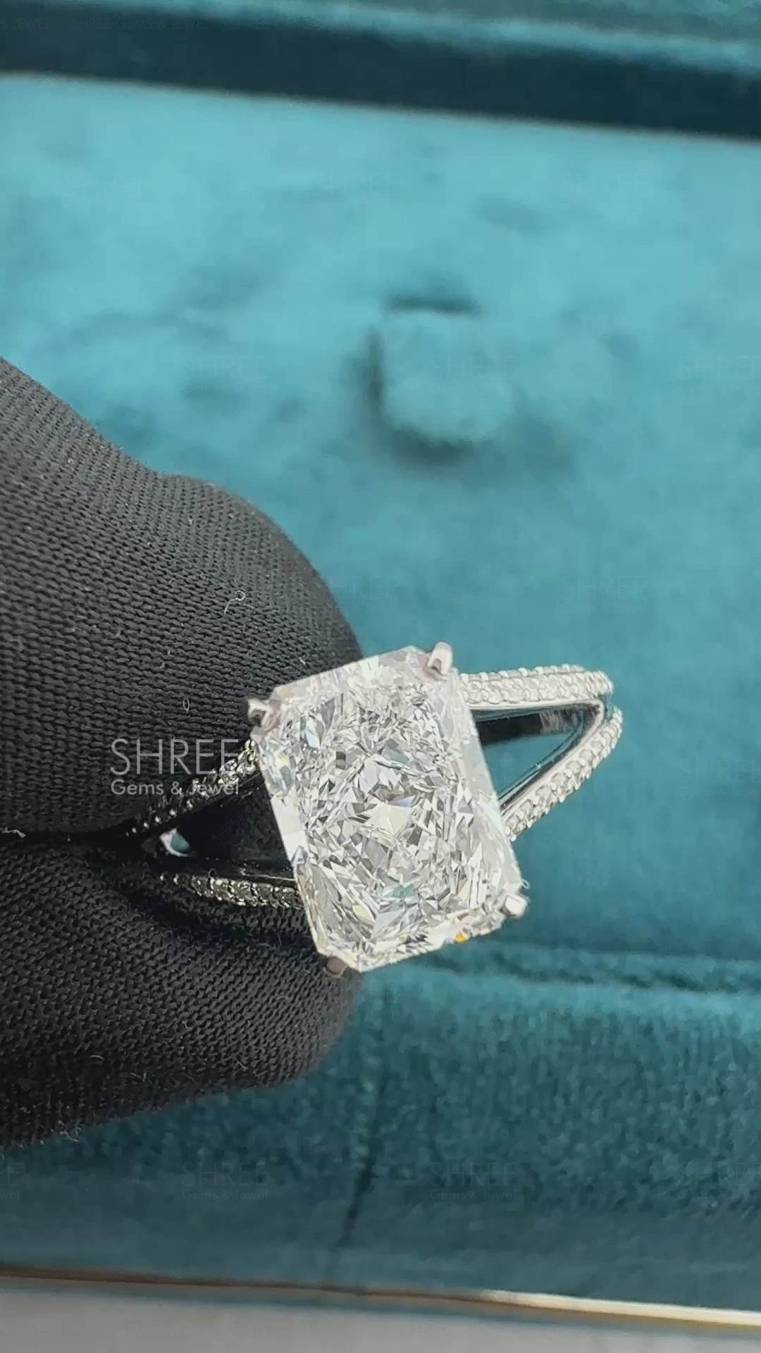 Video of Radiant Cut Engagement Ring with Hidden Halo