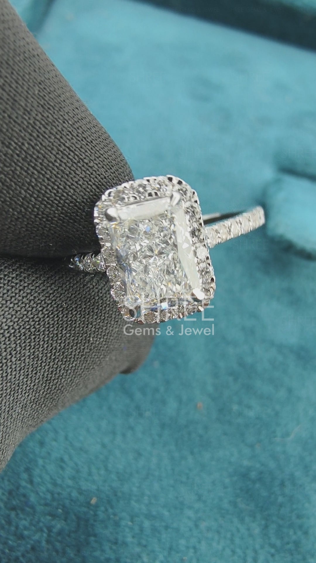 Video of 1 Carat Radiant Diamond Halo Engagement Ring with Accent