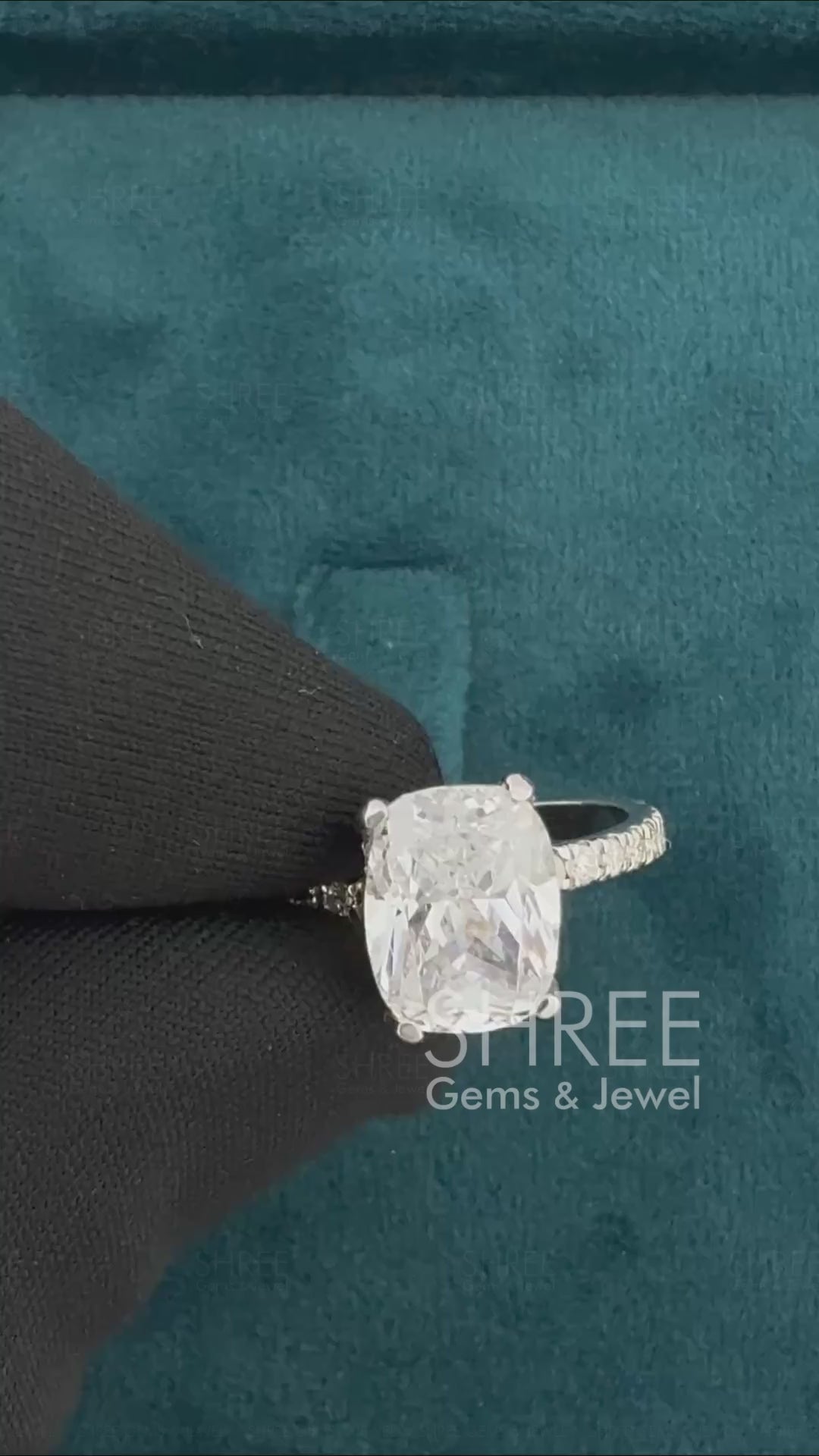 Video of Cushion Cut Lab Diamond Hidden Halo Engagement Ring