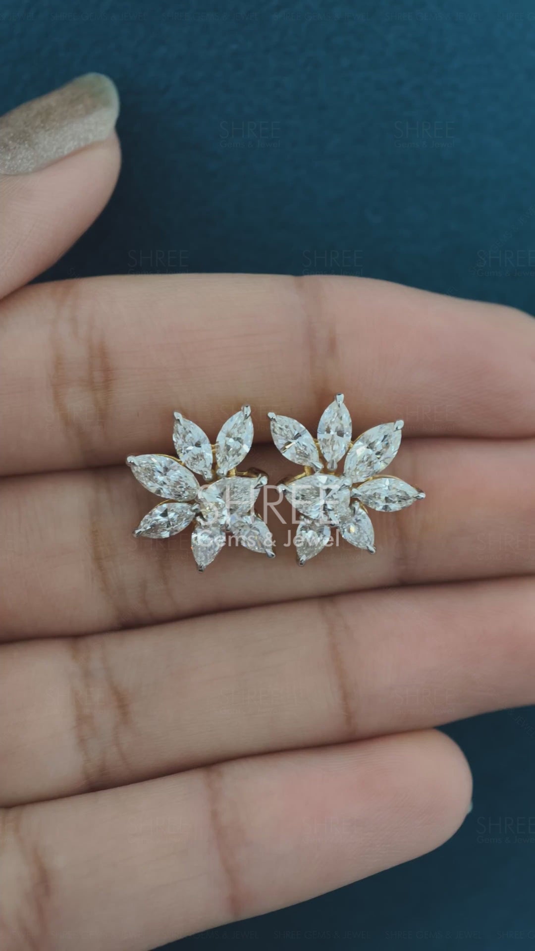 Video Of 3 Ct Pear & Marquise Shape Lab Diamond Cluster Stud Earrings