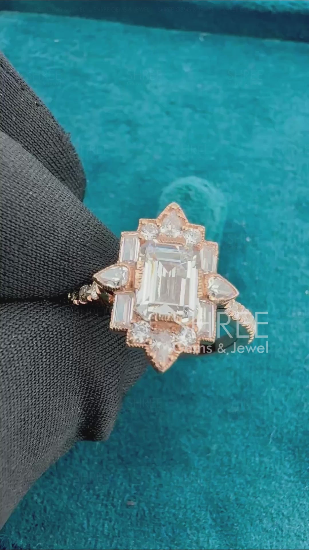 Video of Emerald Cut Art Deco Lab Grown Diamond Ring