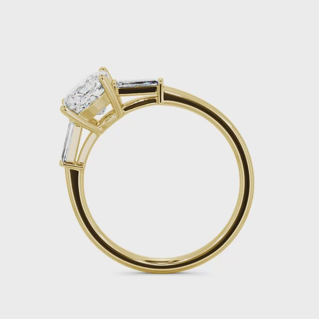 Cushion Diamond Engagement Ring 18K Yellow Gold Solitaire With 2 Side Baguette Stones-ENRCU1YG185-2SB