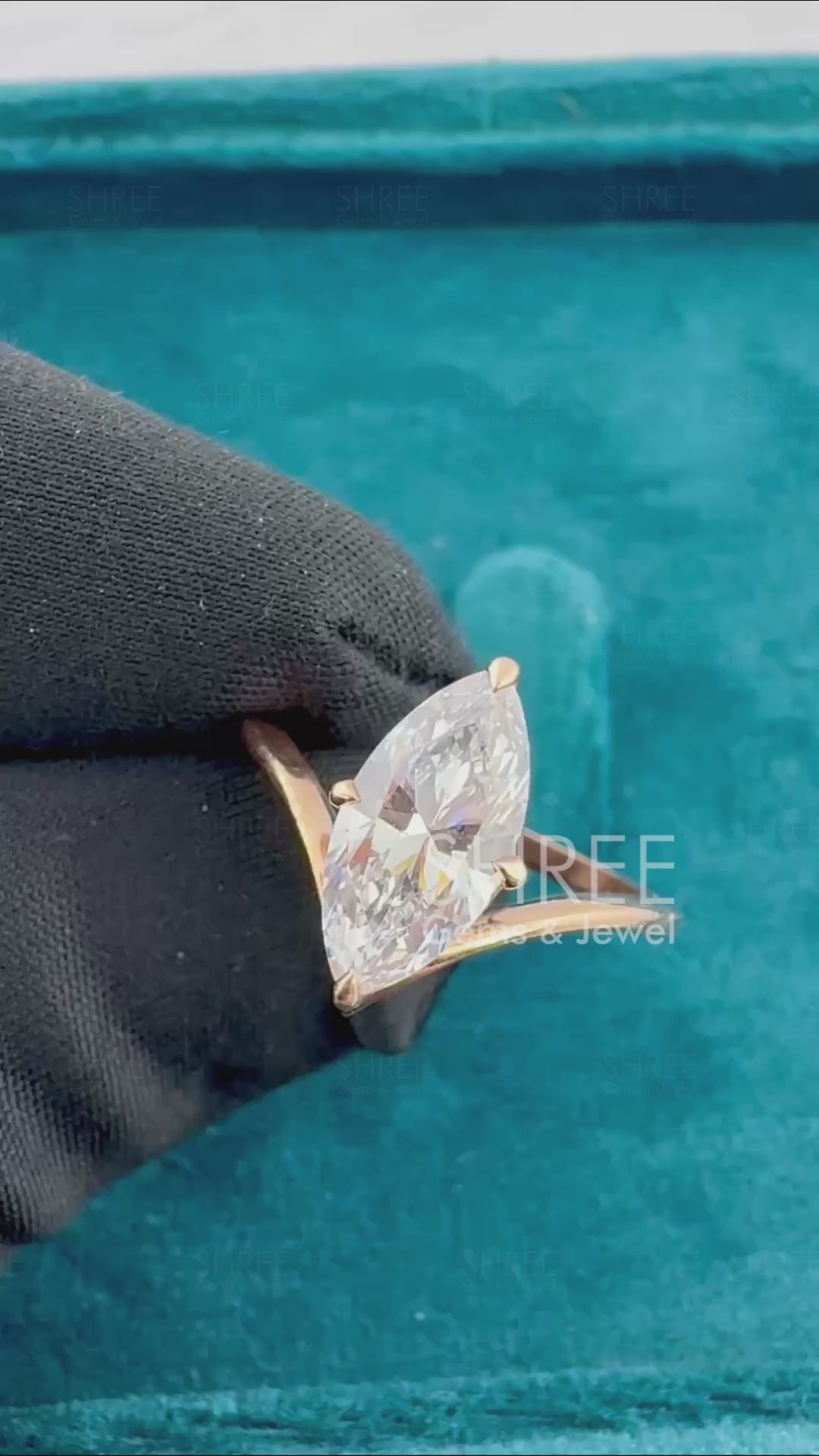 Video of 1 Ct Marquise Cut Lab Grown Diamond V-Band Solitaire Ring