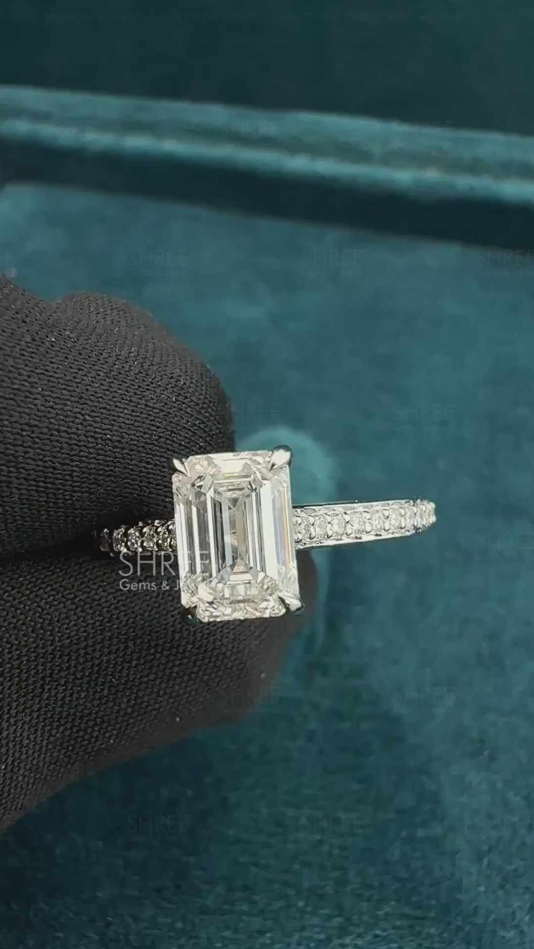 Video of 1 Ct Emerald Cut Lab Diamond Ring with Accent