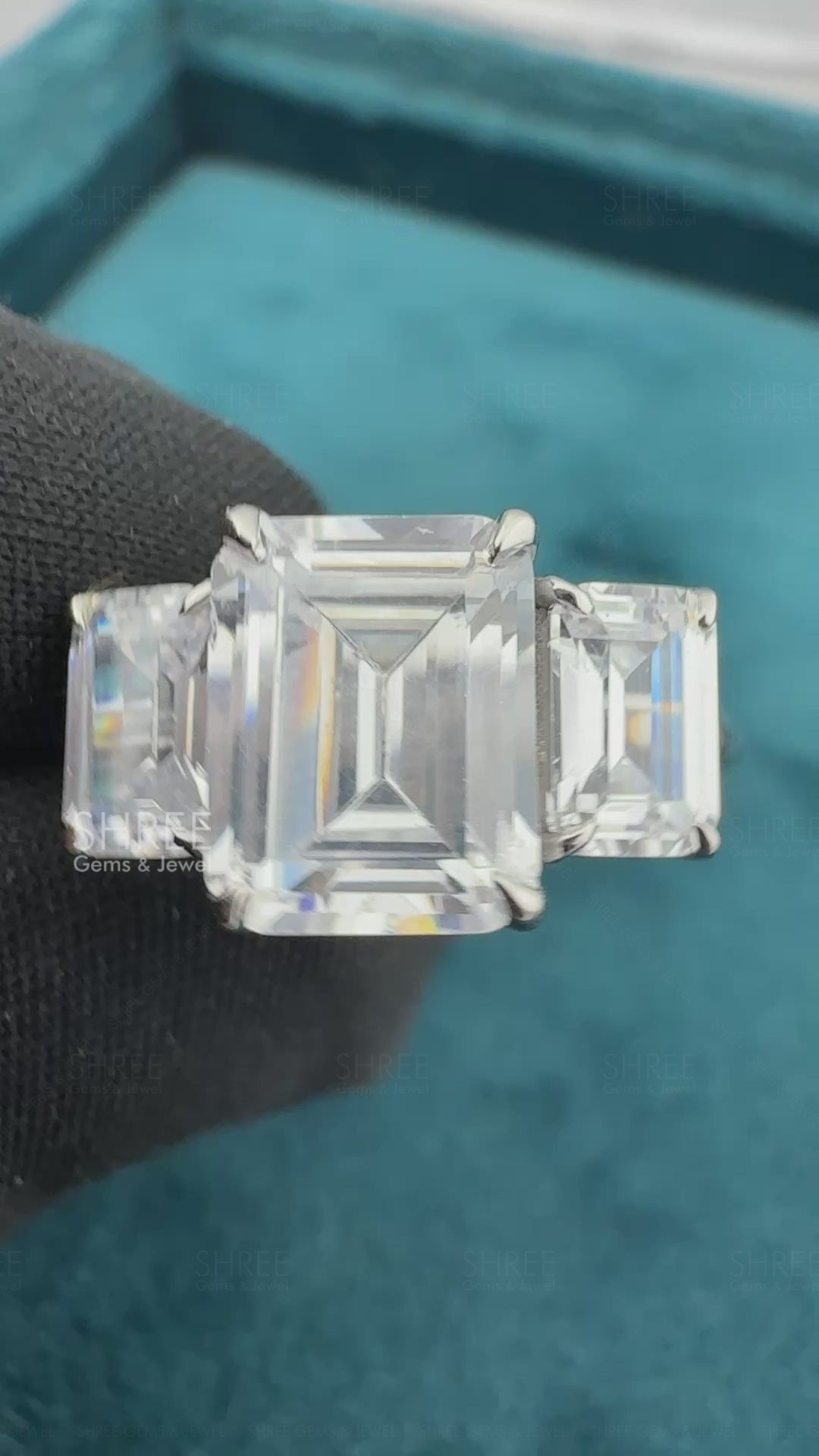 Video of 3 Ct Emerald Cut Three Stone Lab Diamond Ring