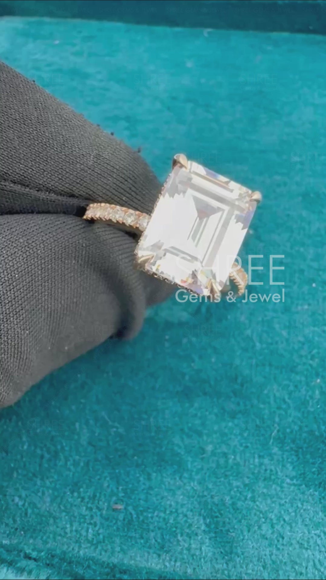 Emerald Cut Lab-Grown Diamond Hidden Halo Bridal Ring Set