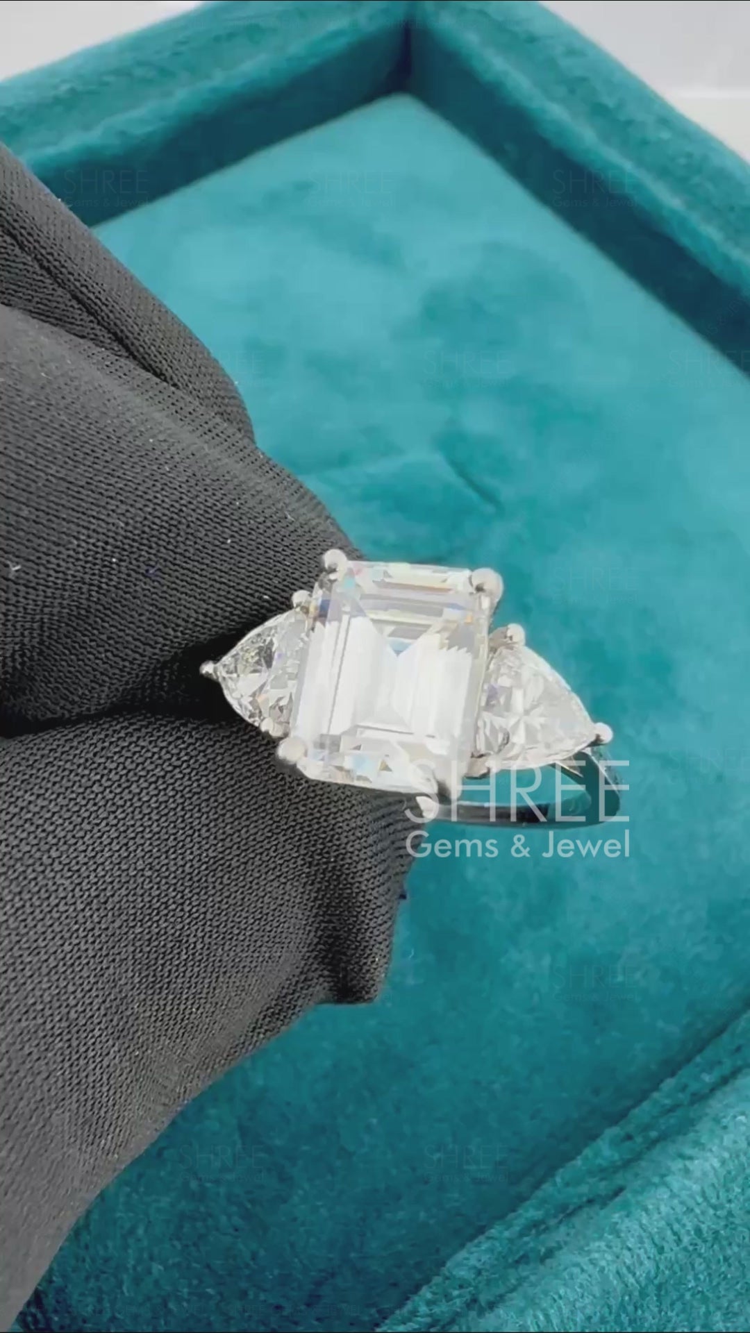 Emerald Cut Lab Diamond 3 Stone Modern Engagement Ring