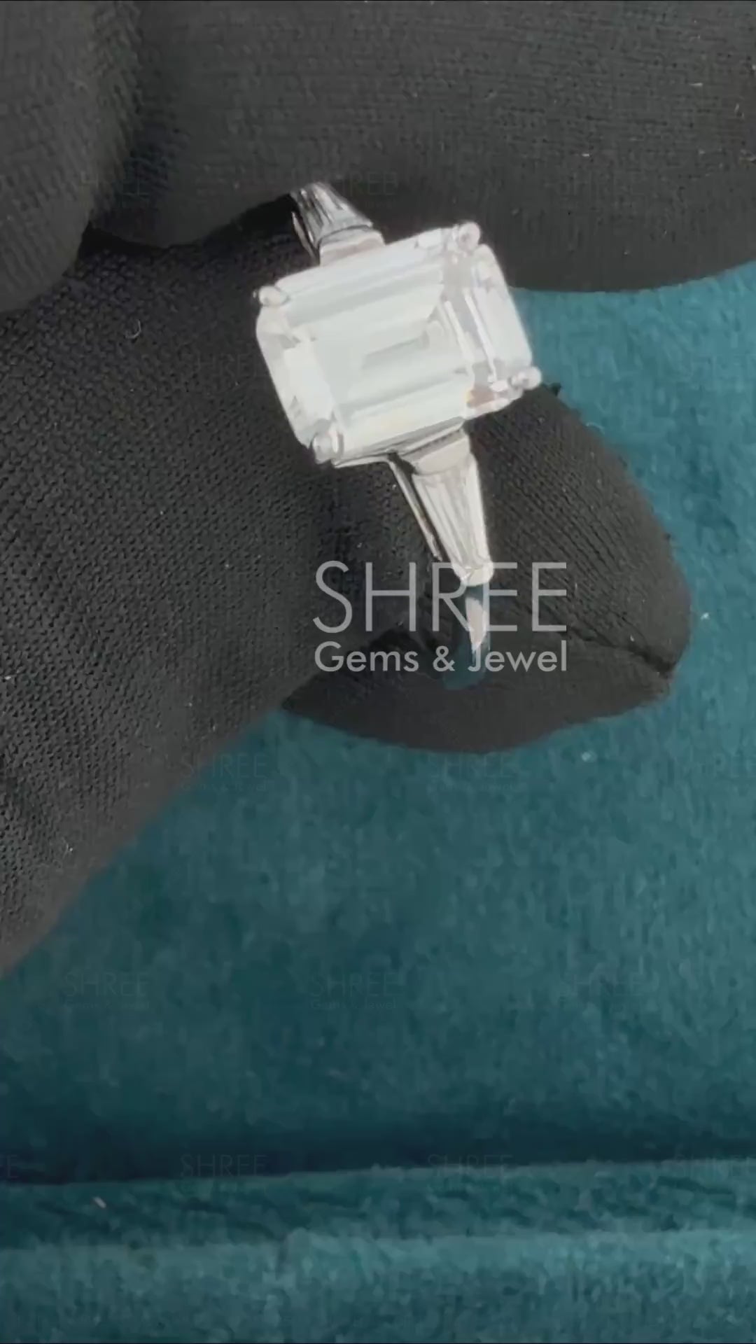 Video of Emerald Cut Lab Grown Diamond 3 Stone Ring
